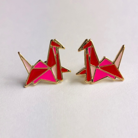 New Origami Paper Crane Stud Earrings Red Gold Boutique